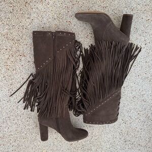 INC International Concepts Tolla suede fringe tall boots in mushroom taupe/gray